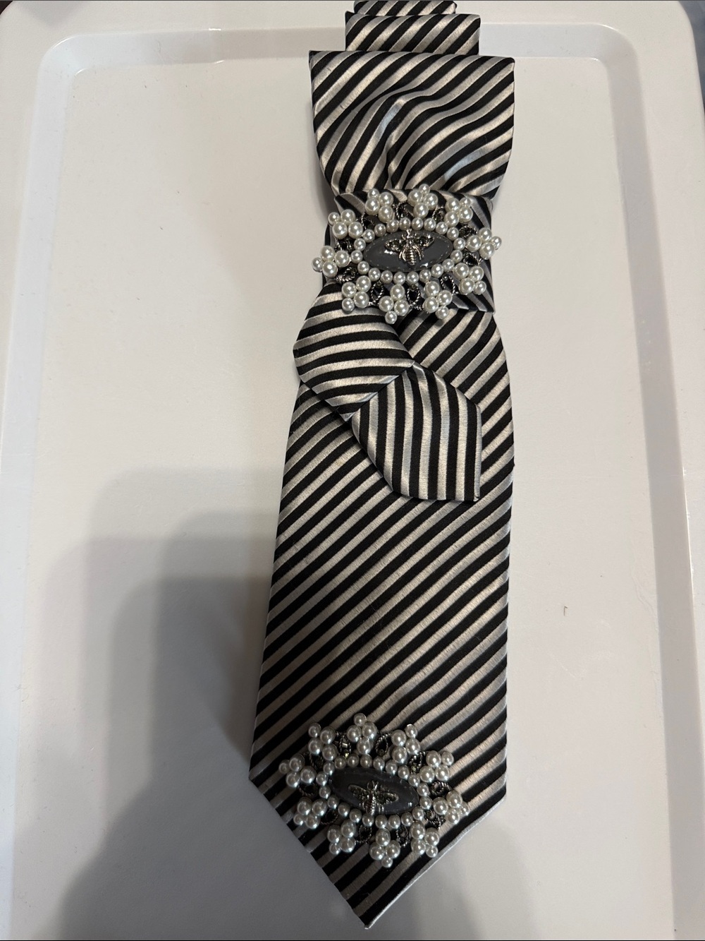 Black and Silver Stripe Tie Necklace with Pearl Brooch